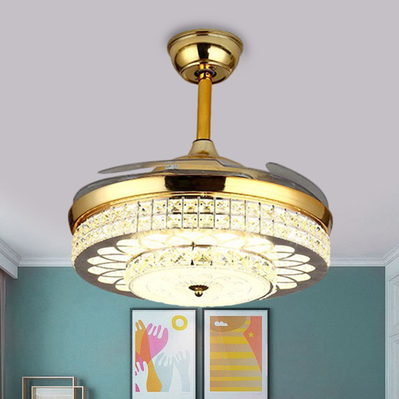 Finition or 42 "de large LED Semi Flush Contemporain Clear Crystal Blocks Drum Plafond Ventilateur de ventilateur avec 3 lames