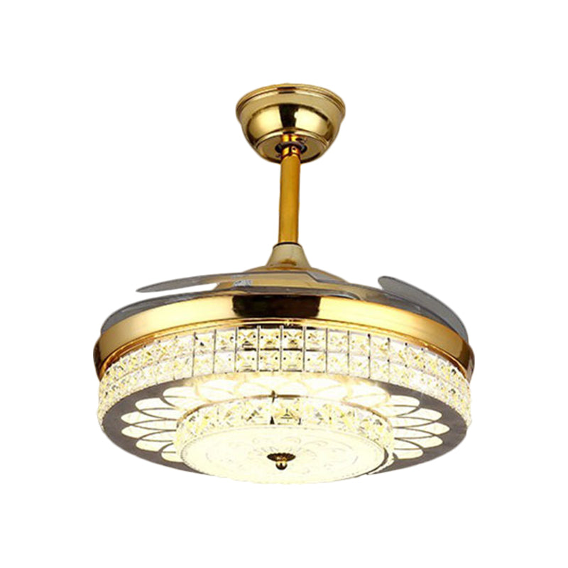 Finition or 42 "de large LED Semi Flush Contemporain Clear Crystal Blocks Drum Plafond Ventilateur de ventilateur avec 3 lames