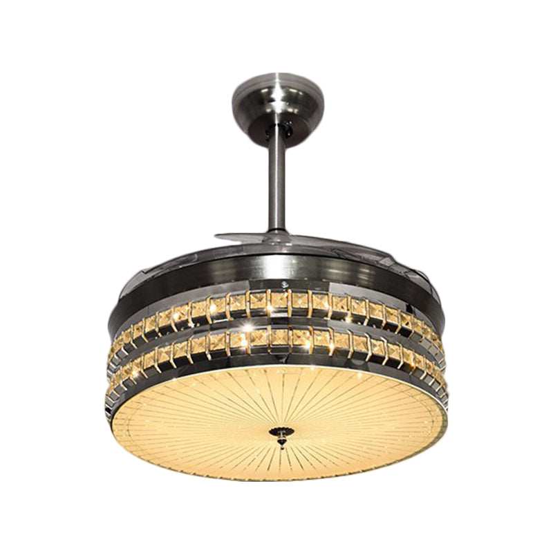 Luce ventola a ciondolo a LED cromata moderna moderna blocchi di cristalli smussati chiorli tamburi a 3 lame semifulto, larghezza 42 "