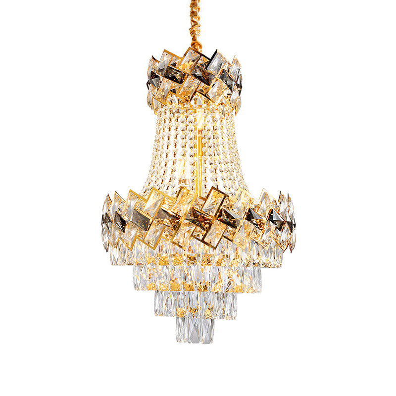 Layered Hanging Pendant Light Contemporary Rectangle-Cut Crystal 3/5-Bulb 12"/16" Wide Gold Chandelier