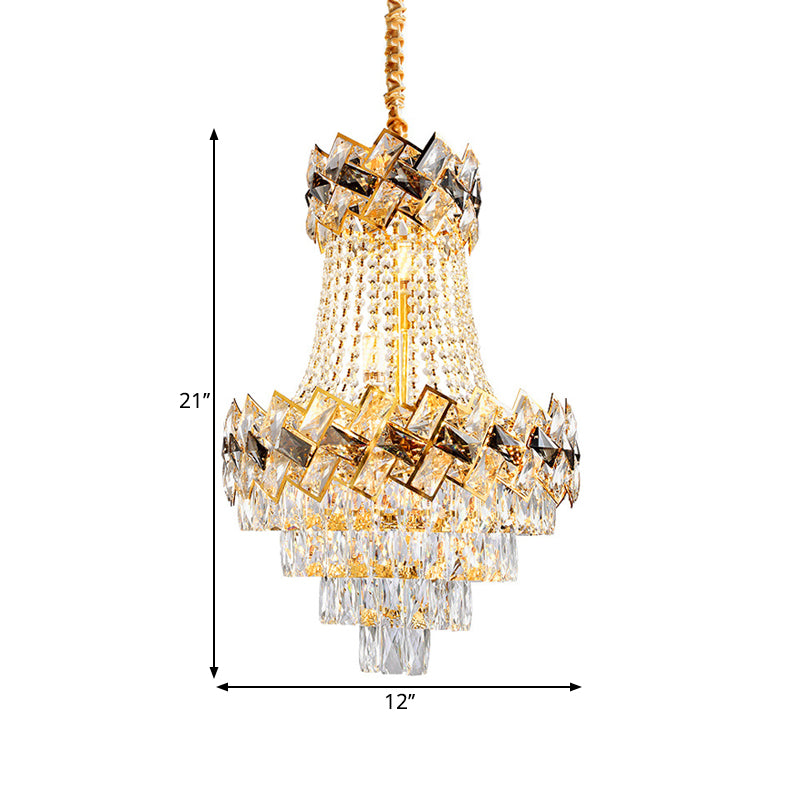 Layered Hanging Pendant Light Contemporary Rectangle-Cut Crystal 3/5-Bulb 12"/16" Wide Gold Chandelier