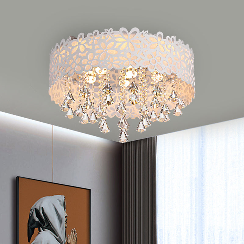 White Conical Ceiling Lamp Contemporary Crystal Drop LED Flush Mount Fixture, Remote Control Stepless Dimming/White Light