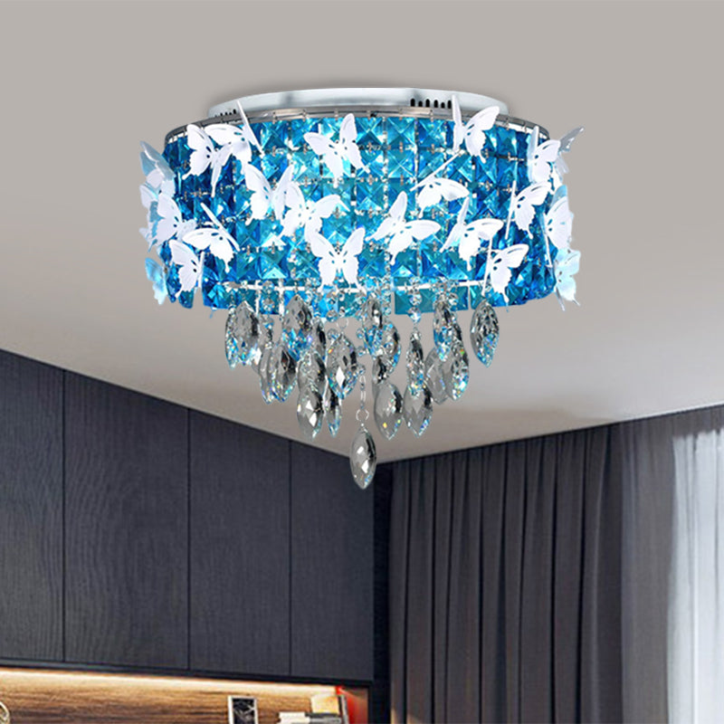 Drum Clear/Amber/Lake Blue Crystal Flush Mount Contemporary Silver LED Ceiling Fixture with Butterfly Deco in Warm/White Light