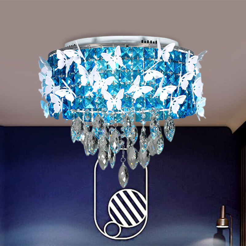 Drum Clear/Amber/Lake Blue Crystal Flush Mount Contemporary Silver LED Ceiling Fixture with Butterfly Deco in Warm/White Light
