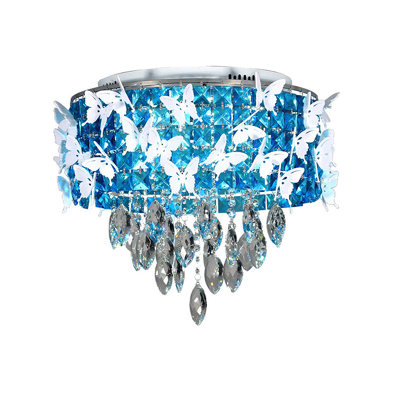 Drum Clear/Amber/Lake Blue Crystal Flush Mount Contemporary Silver LED Ceiling Fixture with Butterfly Deco in Warm/White Light