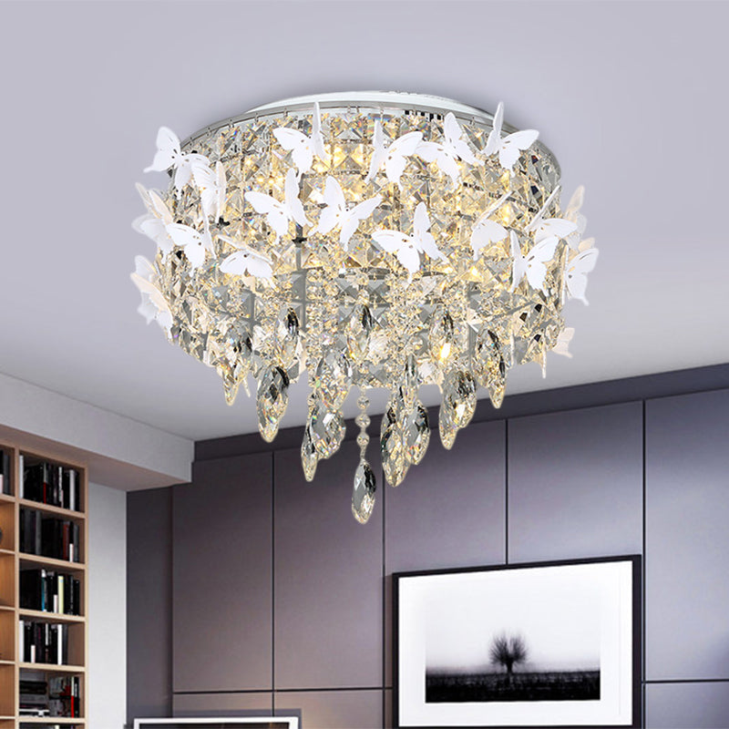 Drum Clear/Amber/Lake Blue Crystal Flush Mount Contemporary Silver LED Ceiling Fixture with Butterfly Deco in Warm/White Light