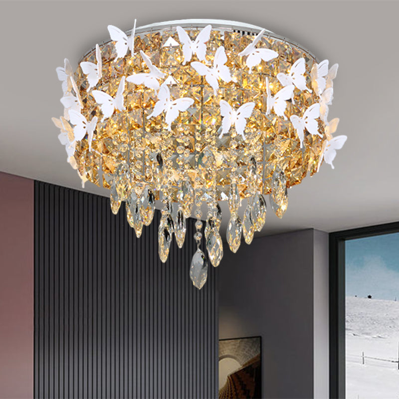 Drum Clear/Amber/Lake Blue Crystal Flush Mount Contemporary Silver LED Ceiling Fixture with Butterfly Deco in Warm/White Light