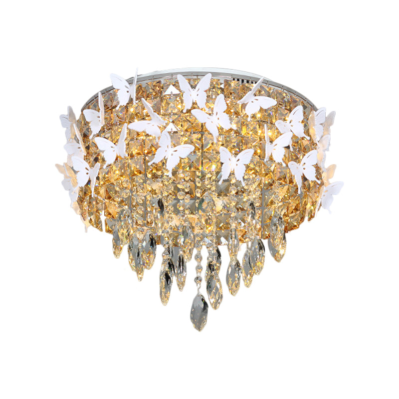 Drum Clear/Amber/Lake Blue Crystal Flush Mount Contemporary Silver LED Ceiling Fixture with Butterfly Deco in Warm/White Light