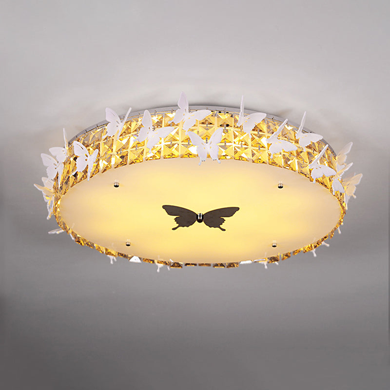 Drum LED Flushmount Lighting Modern Clear/Amber/Lake Blue Crystal Bedroom Ceiling Mounted Fixture with Butterfly Decor, 19.5"/25.5" Wide