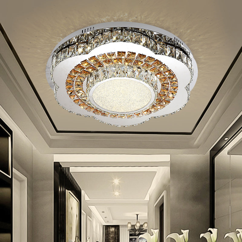 LED Flower-Shape Flush Mount Fixture Modern Beveled Crystal Ceiling Mounted Lighting in Chrome