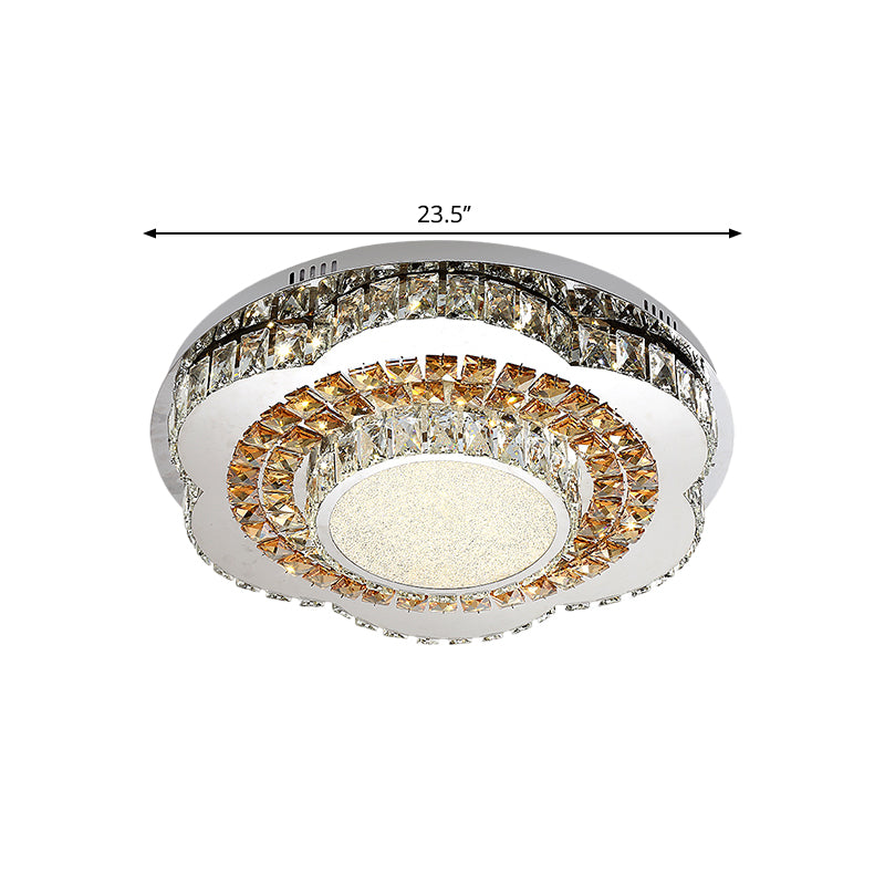 LED Flower-Shape Flush Mount Fixture Modern Beveled Crystal Ceiling Mounted Lighting in Chrome