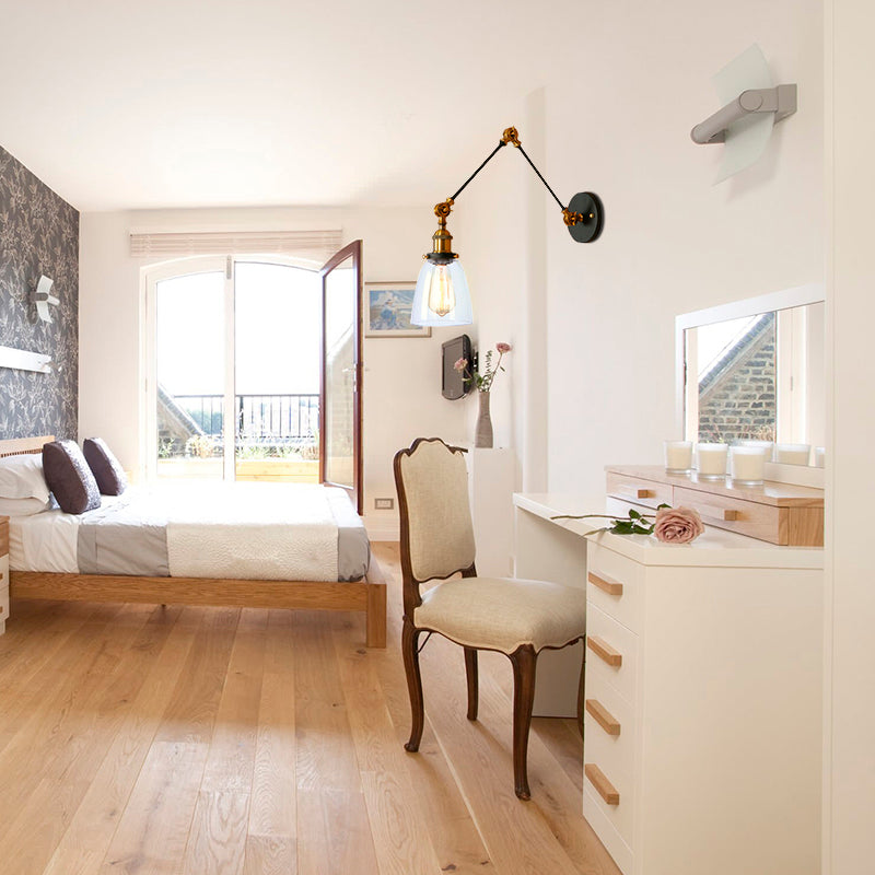 Affusolato accanto alla lampada di applique vetro antico trasparente 1 lampada da parete nera/argento/in ottone con braccio azionario