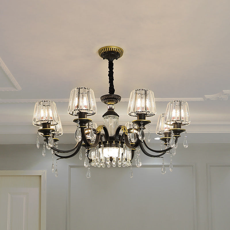 Traditional Cone Down Lighting 6/8 Heads Clear Crystal Glass Chandelier Light Fixture in Black with Droplet