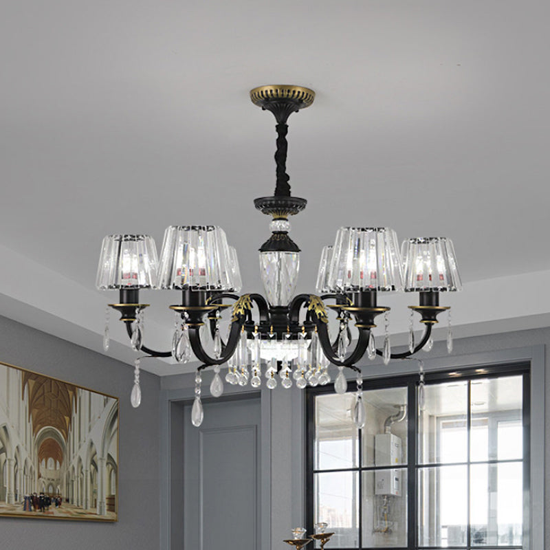 Traditional Cone Down Lighting 6/8 Heads Clear Crystal Glass Chandelier Light Fixture in Black with Droplet