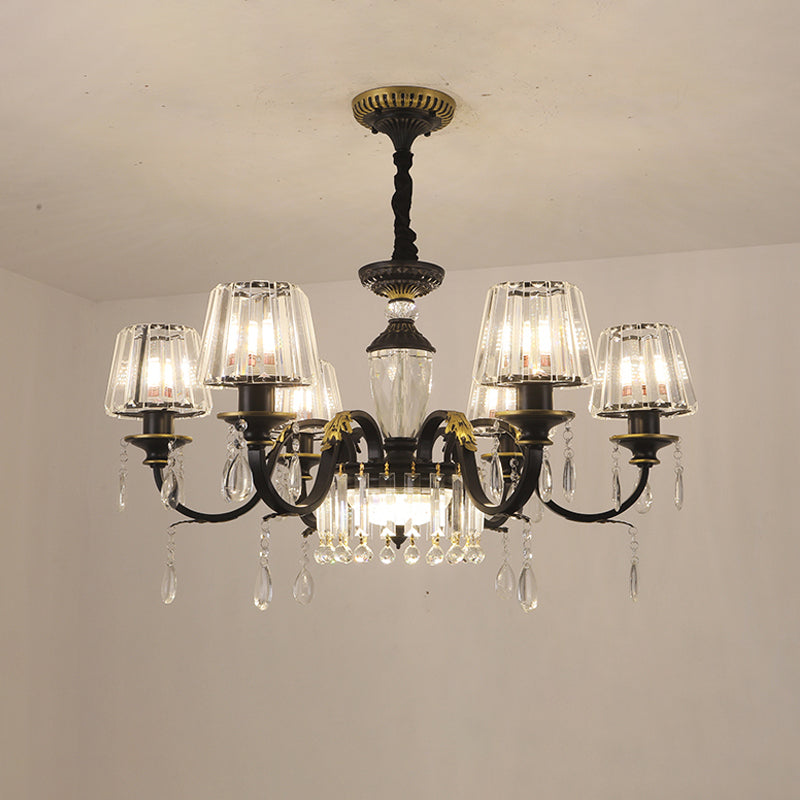 Traditional Cone Down Lighting 6/8 Heads Clear Crystal Glass Chandelier Light Fixture in Black with Droplet