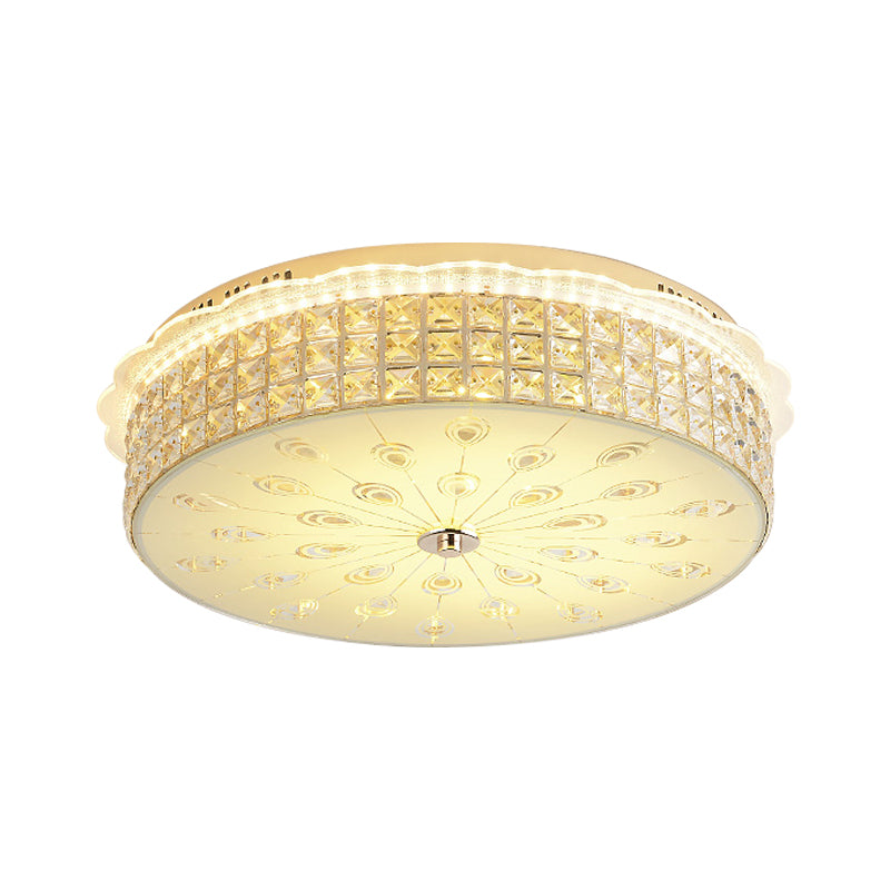 Drum Close to Ceiling Lighting Contemporary Clear Crystal Block LED Flush Mount Light in Gold for Sleeping Room