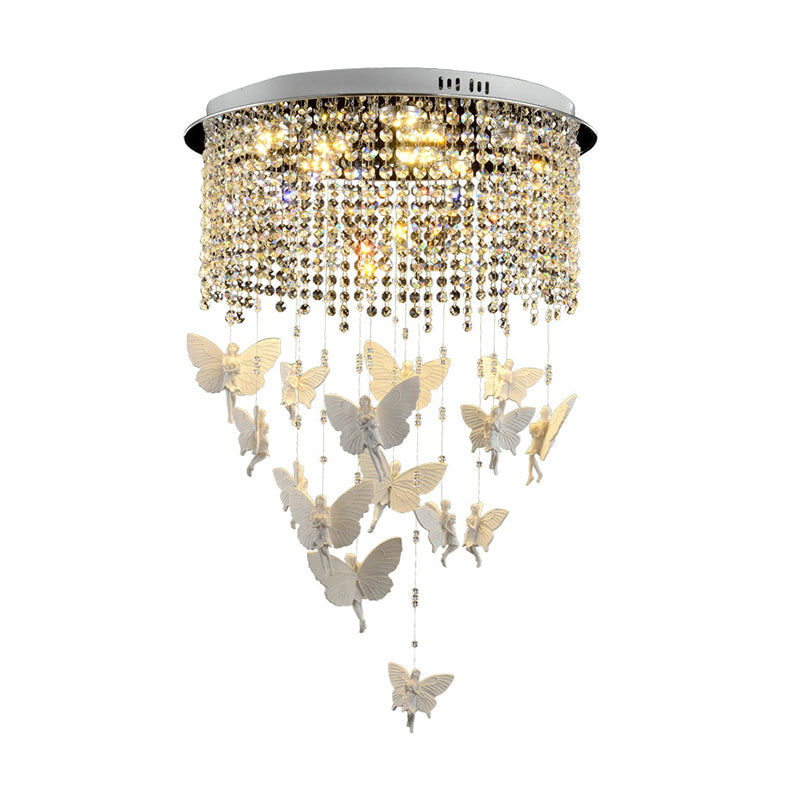 Clear Crystal Strand Drum Flush Light Contemporary 19.5"/23.5" W LED Silver Ceiling Lighting with Butterfly Fairy Deco in Warm/White Light