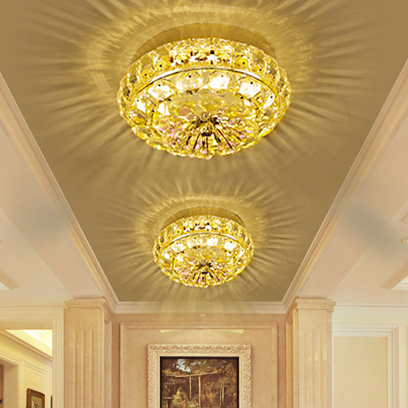 Modern LED Round Flushmount Crystal Block Ceiling Mounted Fixture in Gold for Doorway, Warm/White Light