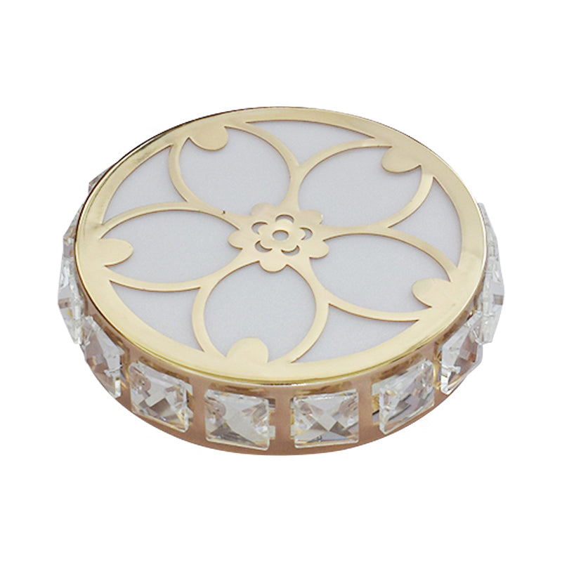 Luminaire circulaire encastré contemporain en bloc de cristal clair LED plafonnier doré pour couloir, lumière chaude/blanche/multicolore