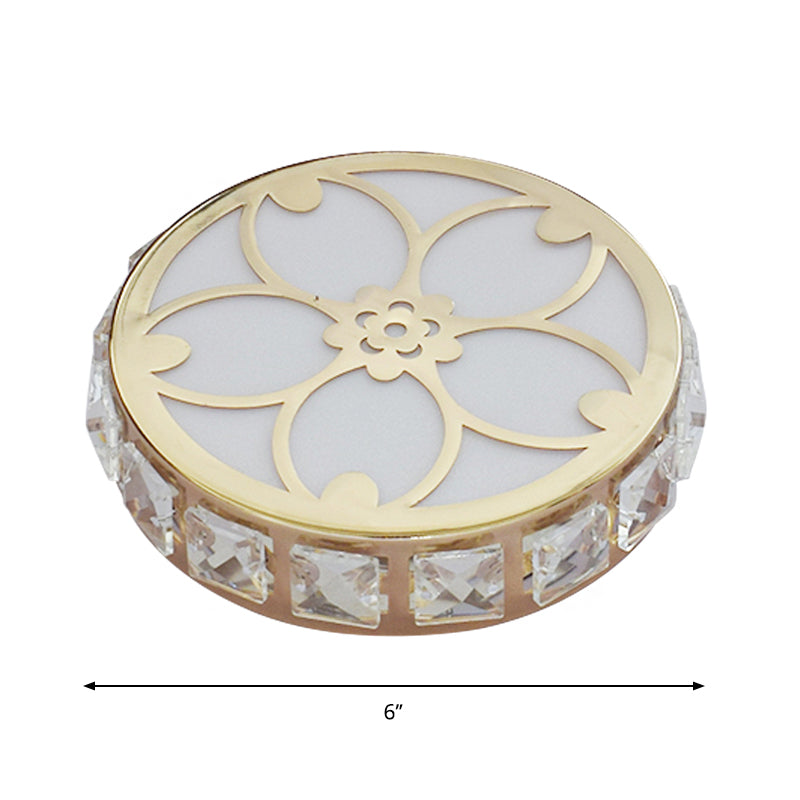 Circle Flush Mount Fixture Contemporary Clear Crystal Block LED Gold Ceiling Lamp for Corridor, Warm/White/Multi Color Light