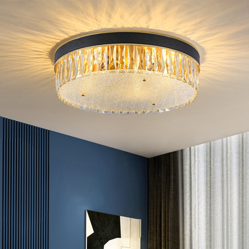 Rectangle-Cut Crystal Drum Flush Light Contemporary 3/4 Heads Gold Ceiling Flush Mount, 12"/16" Wide