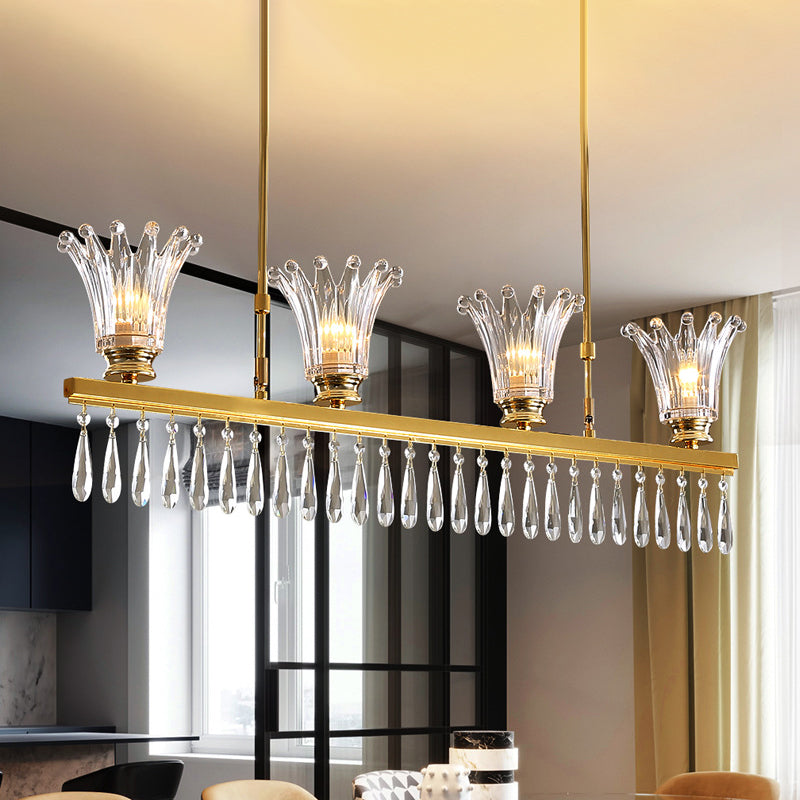 Contemporary Flared Island Light Fixture Clear Crystal Glass 4 Bulbs Suspension Lamp in Gold with Droplets