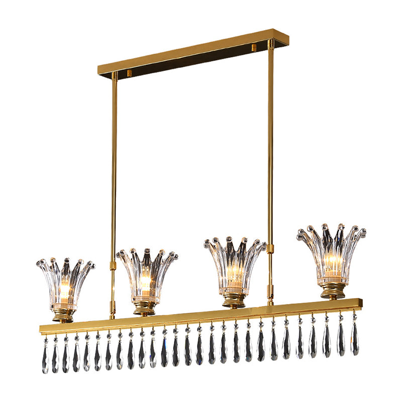 Contemporary Flared Island Light Fixture Clear Crystal Glass 4 Bulbs Suspension Lamp in Gold with Droplets