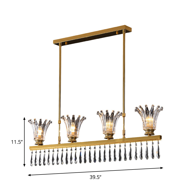 Contemporary Flared Island Light Fixture Clear Crystal Glass 4 Bulbs Suspension Lamp in Gold with Droplets