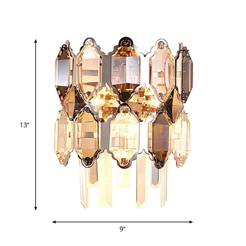 Dual-Tiered Wall Light Fixture Modern Clear Crystal 2-Bulb Surface Wall Sconce in Silver for Staircase