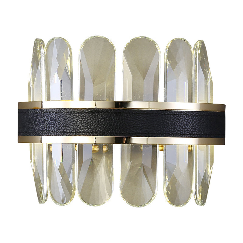 Clear Rectangle-Cut Crystal Half Cylinder Sconce Contemporary LED Wall Mounted Lighting in Black for Bedside