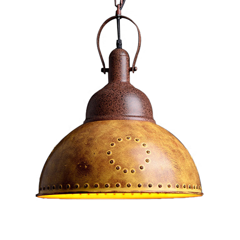 Domed Restaurant Hanging Ceiling Light Antique Style Wrought Iron 1 Light Yellow Pendant Lamp with Rivets