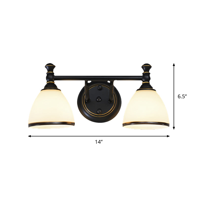 Milky Glass Black Vanity Sconce Tapered 2/3 Lights Retro Style Wall Lighting Idea for Shower Room