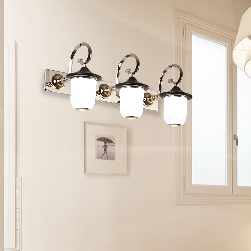 Classic Cylinder Wall Mount Lamp 2/3 Bulbs White Glass Vanity Mirror Light with Scroll Arm in Black