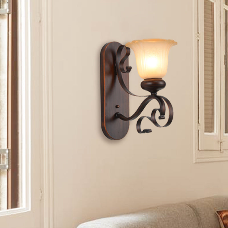 Brown Single Bulb Sconce Light Countryside Frosted Glass Blossom Wall Lighting Fixture with Scroll Arm