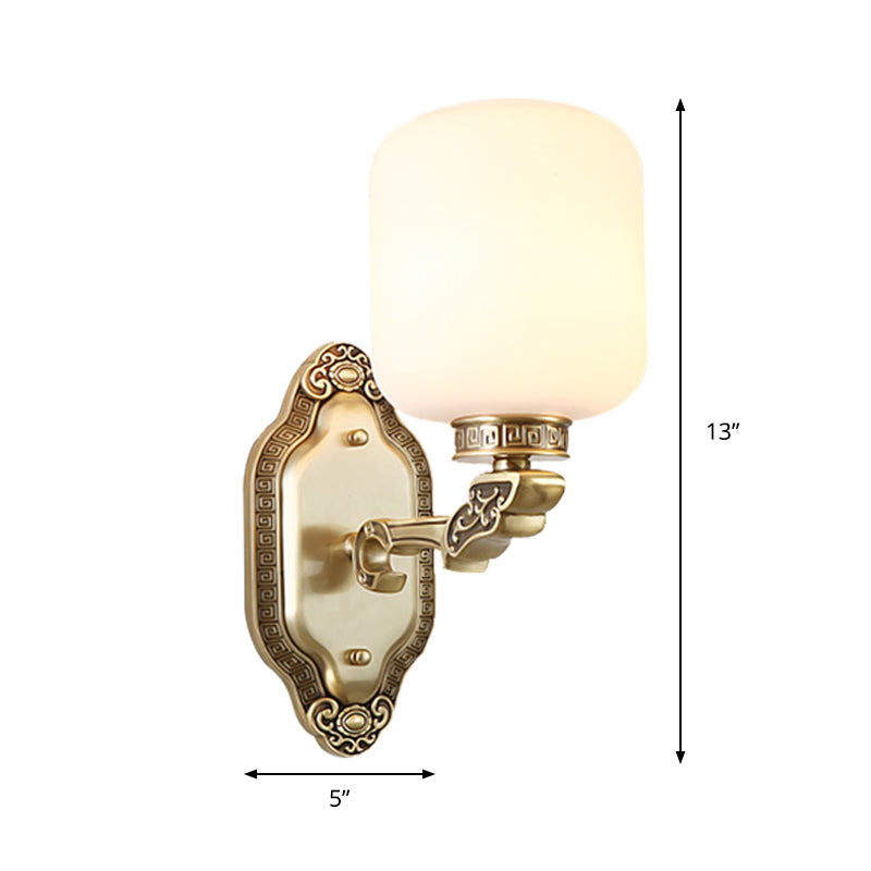 White Glass Brass Wall Sconce Cylinder 1-Light Farmhouse Wall Mounted Lamp for Drawing Room