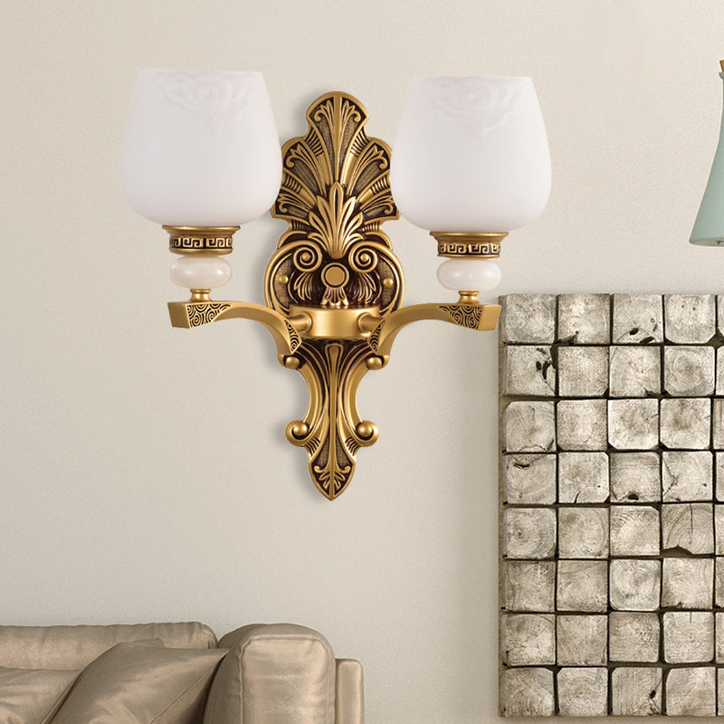 Brass 1/2 Heads Wall Mount Lamp Antiqued White Glass Cup Shape Wall Sconce Lighting for Bedroom