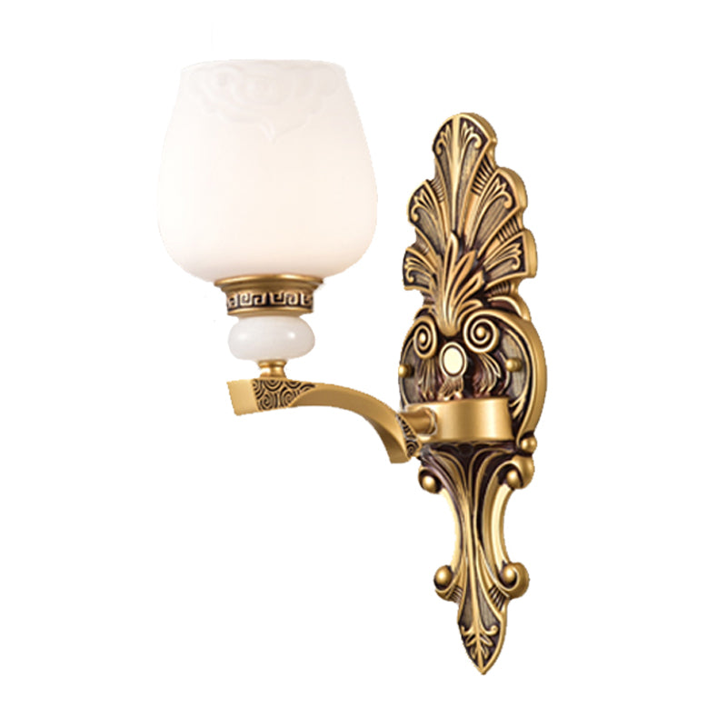 Brass 1/2 Heads Wall Mount Lamp Antiqued White Glass Cup Shape Wall Sconce Lighting for Bedroom