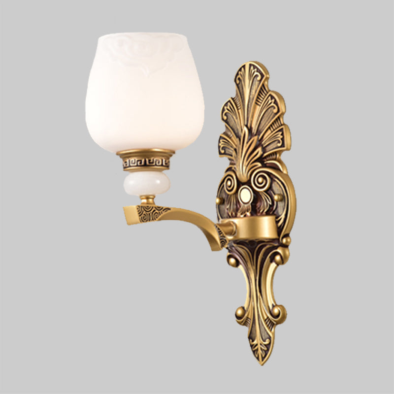 Brass 1/2 Heads Wall Mount Lamp Antiqued White Glass Cup Shape Wall Sconce Lighting for Bedroom