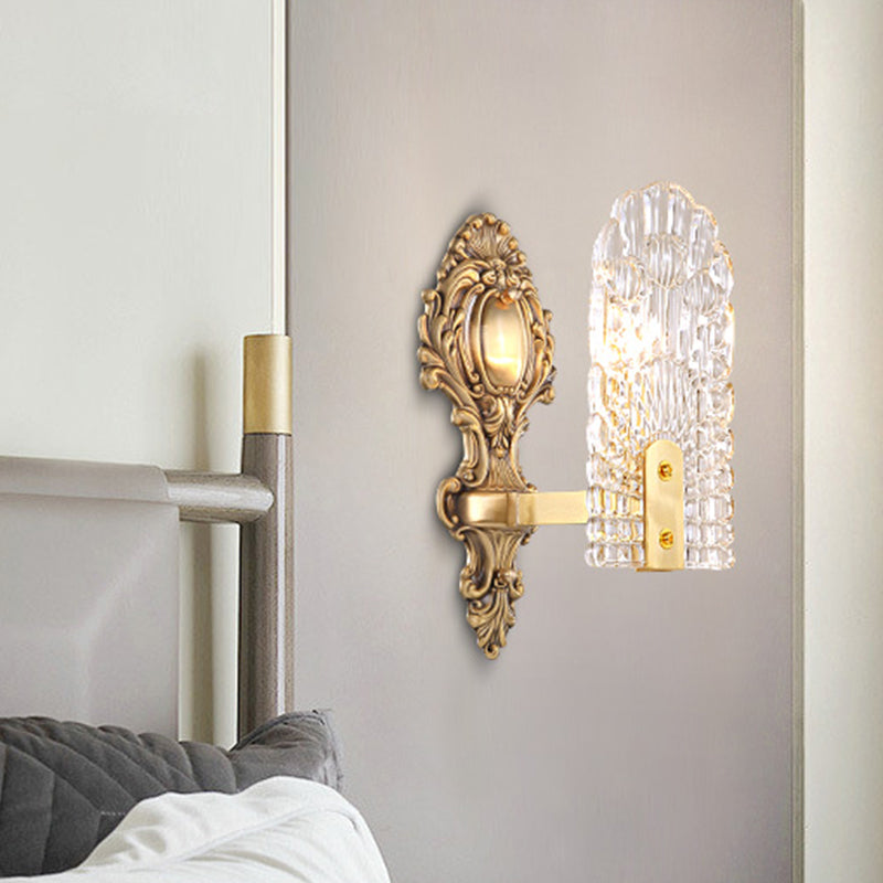 Elongated Bedside Wall Sconce Classic Clear Lattice Glass 1/2-Bulb Brass Wall Lighting Fixture