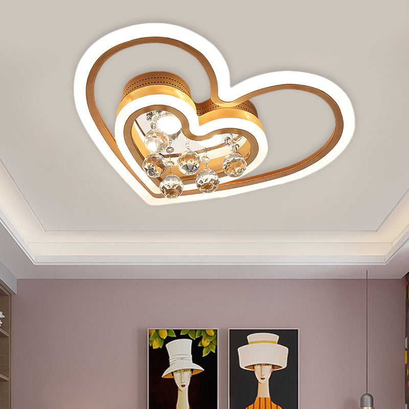 LED Parlor Flush Mount Lamp Modern Gold Close to Ceiling Lighting Fixture with Triangle/Round/Loving Heart Crystal Shade