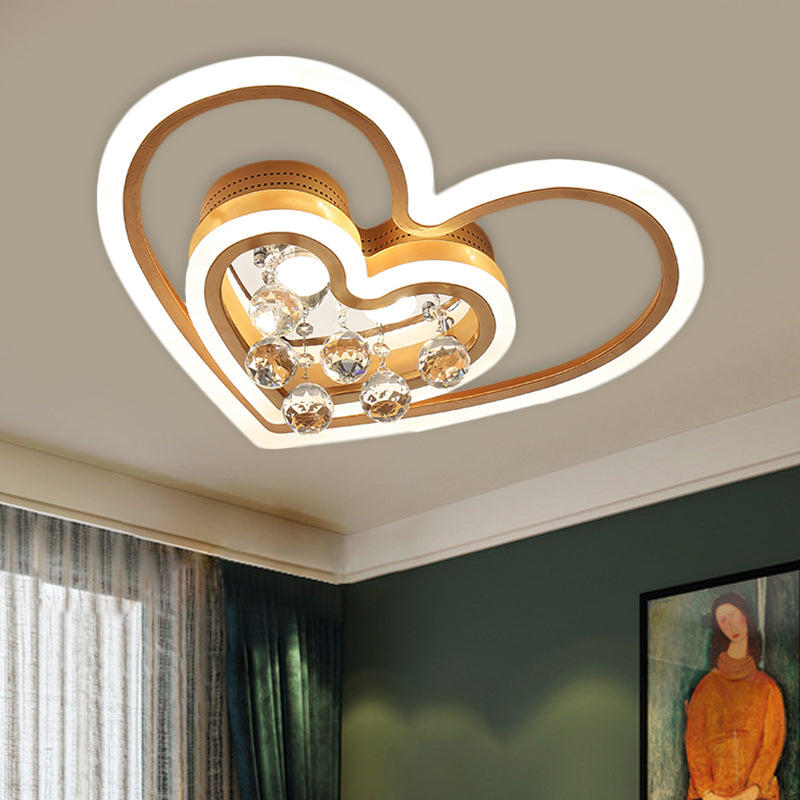 LED Parlor Flush Mount Lamp Modern Gold Close to Ceiling Lighting Fixture with Triangle/Round/Loving Heart Crystal Shade