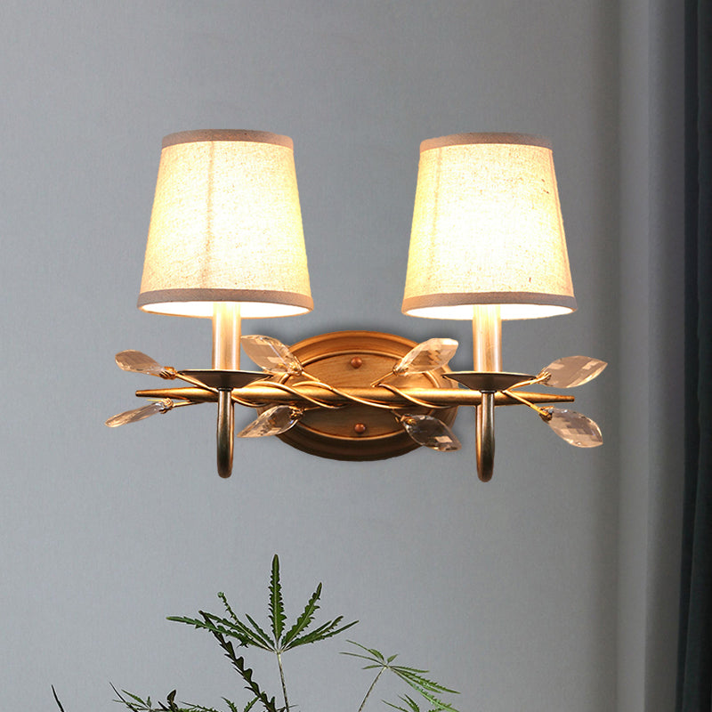 Gold Cone Wall Mounted Lighting Contemporary Fabric Shade 1/2-Bulb Sconce Light Fixture with Crystal Drop