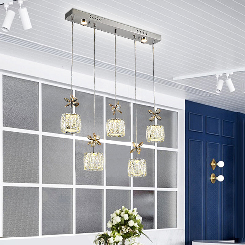 Modern Cylinder Hanging Lamp Faceted Crystal Dining Room LED Multi Light Pendant in Chrome with Round/Linear Canopy, 13.5"/27.5" Wide