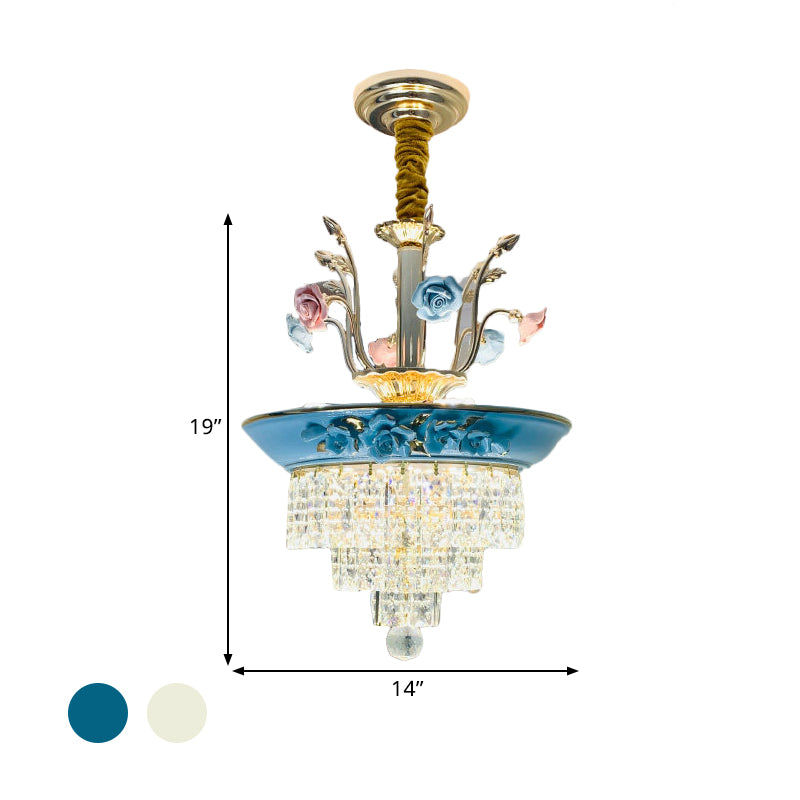 14"/17" W Antiqued Tiers Chandelier 2-Light Cut Crystal Drop Lamp with Handmade Rose Trim in Blue/Beige