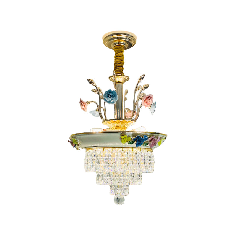 14 "/17" W Antiqued Letters Kroonluchter 2-licht gesneden kristaldruppel lamp met handgemaakte rozentrim in blauw/beige