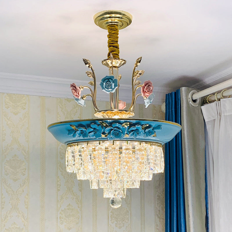 14"/17" W Antiqued Tiers Chandelier 2-Light Cut Crystal Drop Lamp with Handmade Rose Trim in Blue/Beige