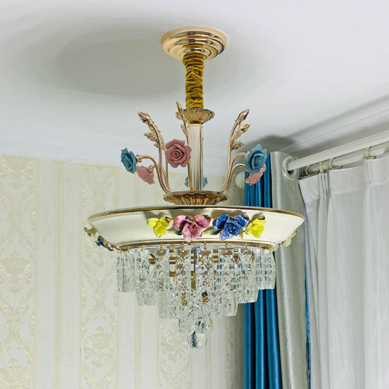 14"/17" W Antiqued Tiers Chandelier 2-Light Cut Crystal Drop Lamp with Handmade Rose Trim in Blue/Beige