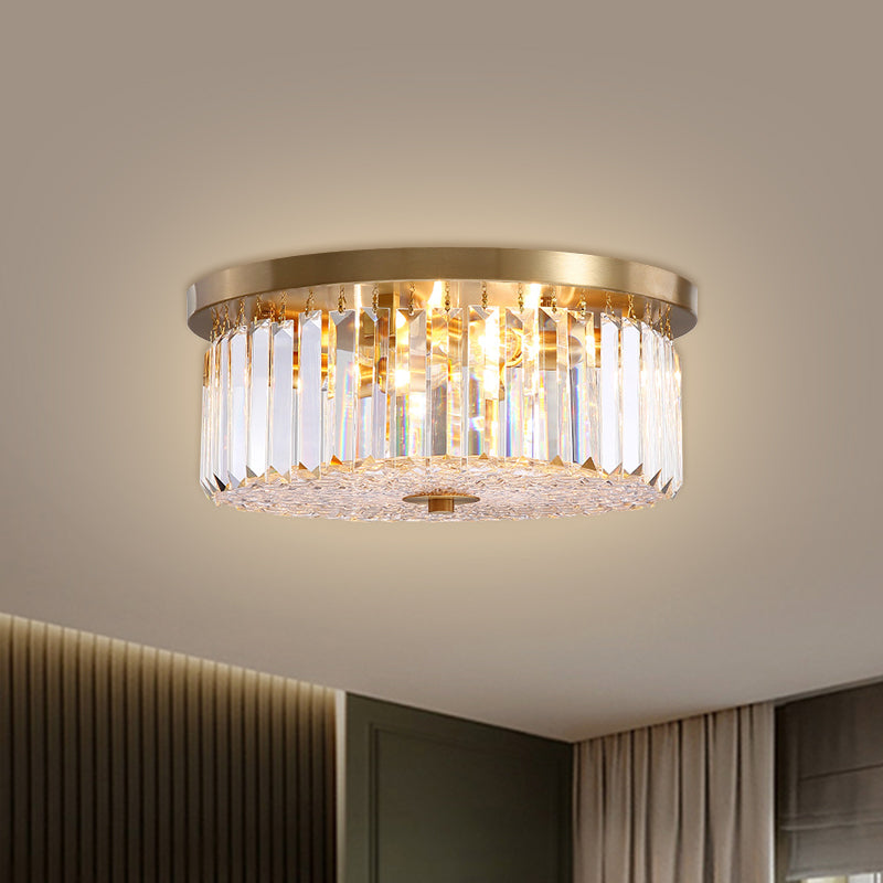 Prismatic Crystal Brass Flushmount Drum Shaped 4-Light Postmodern Ceiling Flush Light