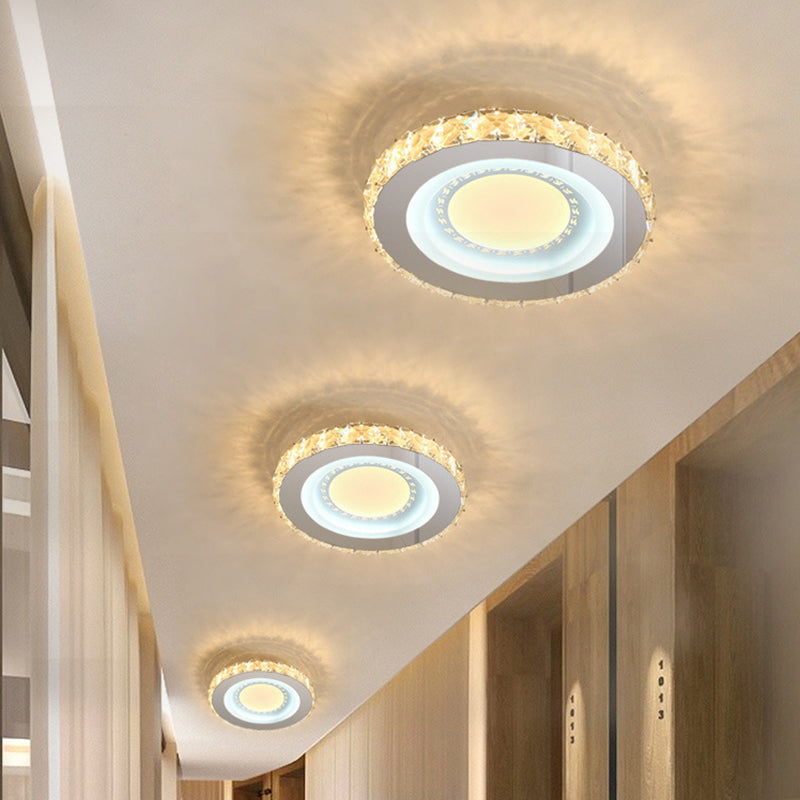 Circular Mini LED Ceiling Flush Simple Stainless Steel Crystal Flush Light Fixture for Corridor