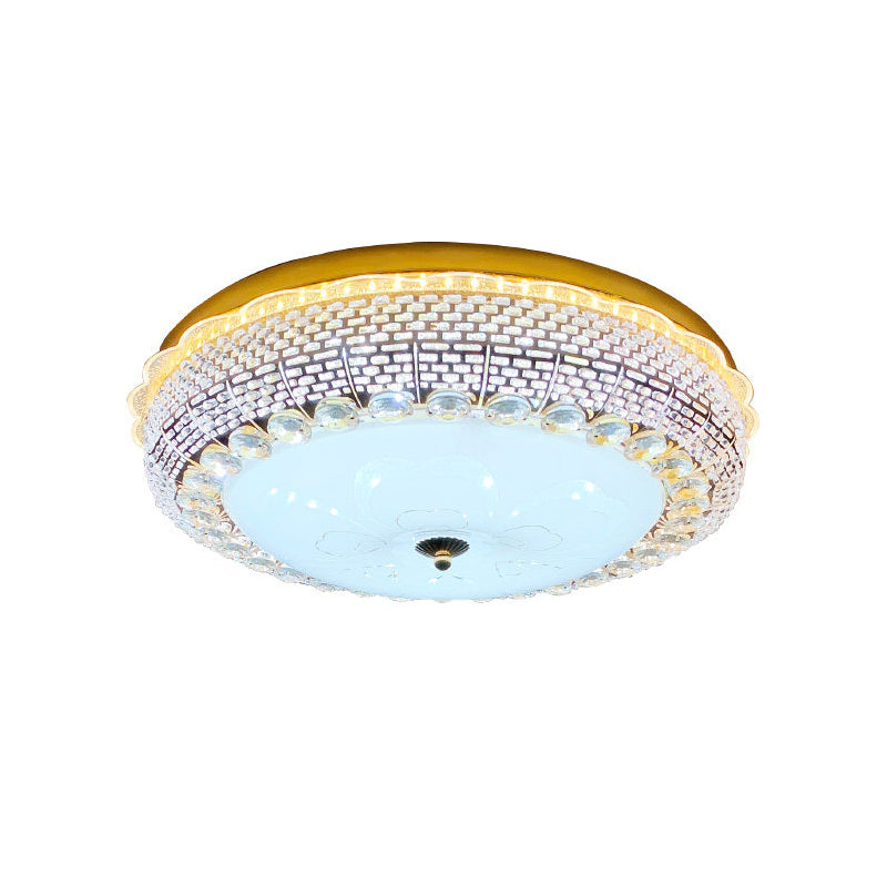 Gold Drum Ceiling Flushmount Lamp Modern Crystal Embedded Bedroom LED Flush Mount with Fishscale/Net Design